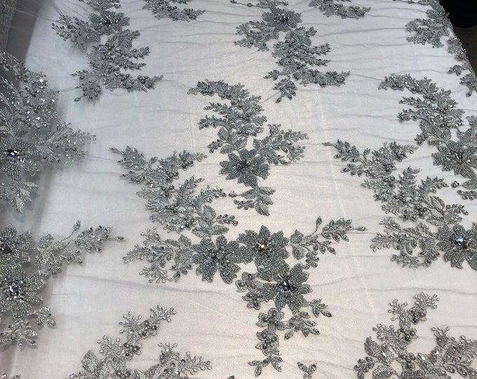 Gray Cluster Bead Fabric - Embroidered Flower Beaded Fabric Wedding Bridal Lace Fabric Sold By Yard