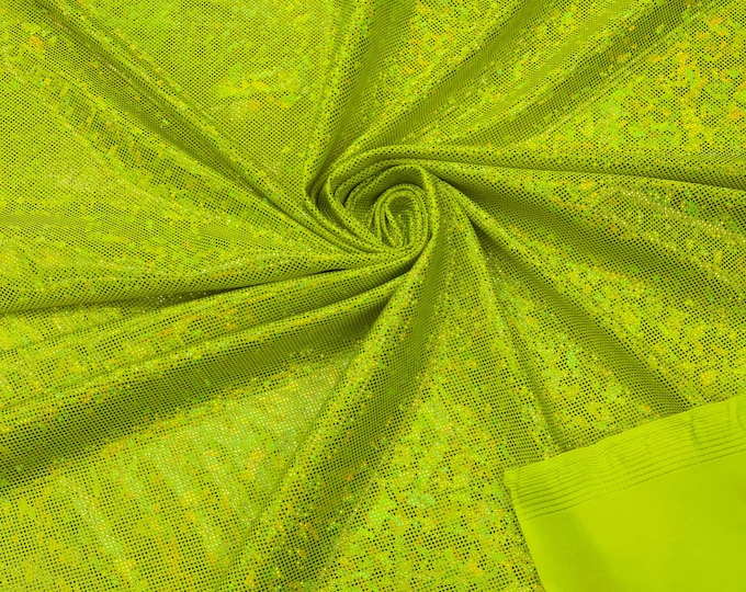 Neon Yellow Hologram Broken Glass 4 Way Stretch By Yard, Nylon Spandex Shattered Glass Style, Shatter Glass Metallic Foil Swimwear Costume