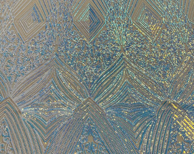 Aqua Iridescent Sequins - 4 Way Stretch Geometric Sequins - Nova Design Triangular Fabric for Prom Gala Gown Sold By The Yard