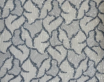 Blue Beaded Damask Fabric: Sequin Appliqué Lace - By The Yard