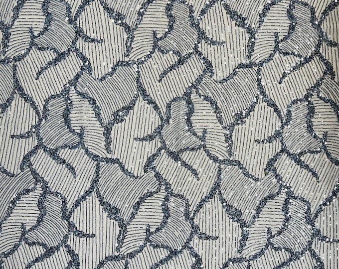Coppen Blue Beaded Fabric by the yard, Bridal beaded, Damask Pattern With Beads and Sequin, Appliqué lace for bridals,weddings,prom dress