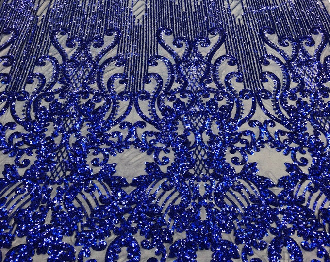 Royal Blue Sequins Lace Fabric On a Mesh Damask Design Embroidered On 4 way Stretch Sequin By The Yard -Prom-Gown ( Choose The Size )