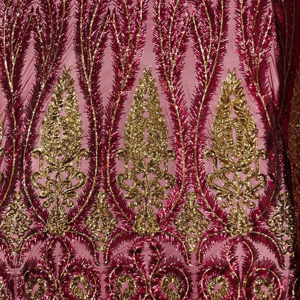 Damask Sequins Design on a 4 Way Stretch Mesh Fabric - for Night Gowns - Prom Dresses - (Burgundy on Burgundy, 1 Yard) main image 1