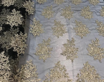 Gold Floral Embroidered Sequin Lace Fabric - Black Mesh, Sold By The Yard