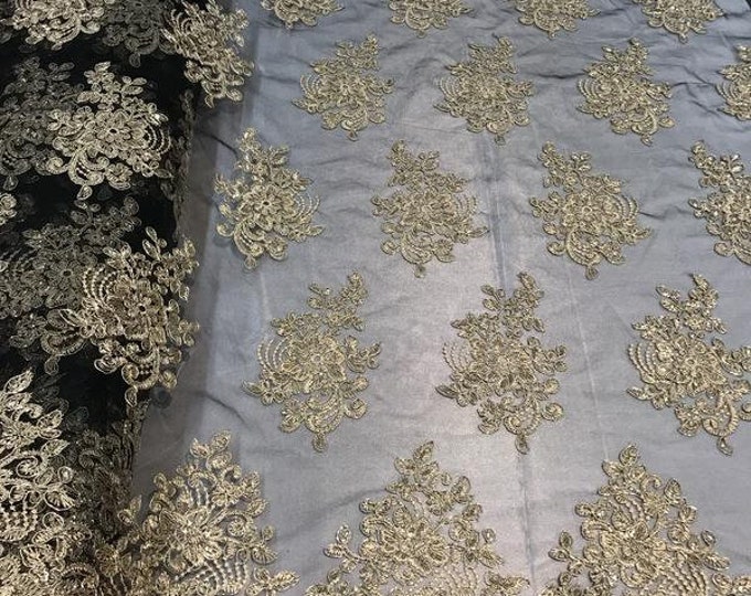 Flower Lace Fabric - Gold/Black Mesh Floral Clusters Embroidered Lace Mesh Fabric Sold By The Yard