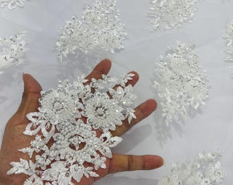 Ivory Beaded Lace Fabric: Embroidered Mesh, Bridal Wedding Dress - Sold By The Yard