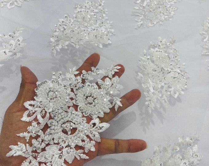 Ivory Beaded Lace Fabric: Embroidered Mesh, Bridal Wedding Dress - Sold By The Yard