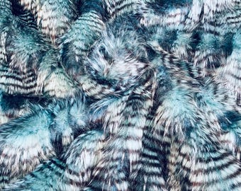 Teal Silver Feather Shaggy Soft Faux Fur Fabric By Yard, Long Pile Thick Fur Fabric Fake Fur, Hobby, Costume, Decoration 60" Wide