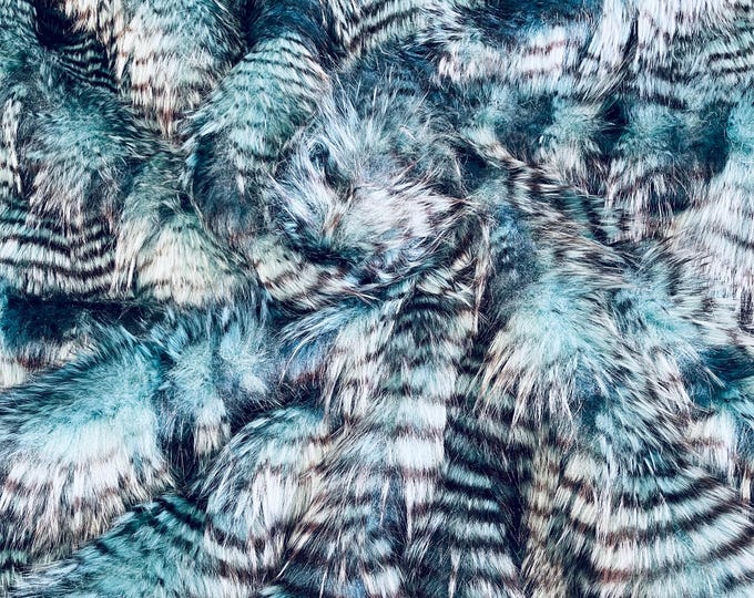Teal Silver Feather Shaggy Soft Faux Fur Fabric By Yard, Long Pile Thick Fur Fabric Fake Fur, Hobby, Costume, Decoration 60" Wide