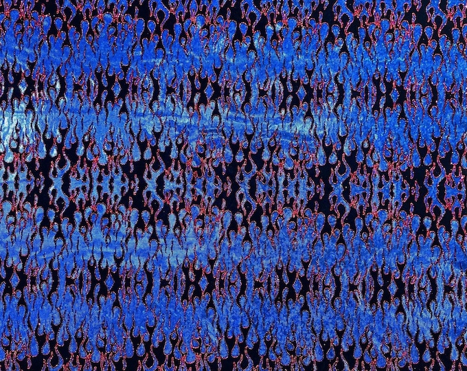 Royal Blue Nylon Spandex Fabric by the yard, Flames Design With Hologram Shattered Glass, Glitter Spandex Fabric 4 Way Stretch Prom-Gown