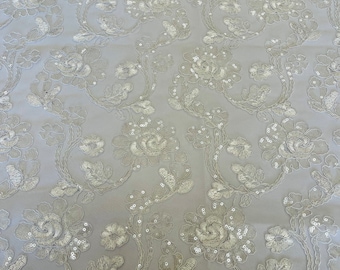 White Flower Sequin Lace Fabric, Embroidered Mesh, Scalloped Edge, Sold by the Yard