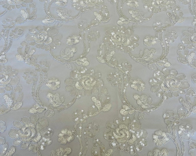 Mia Fabrics, White Mesh Embroidery Corded Lace With Sequins, Flower Lace Sequin Sold by the yard (Pick a Size)