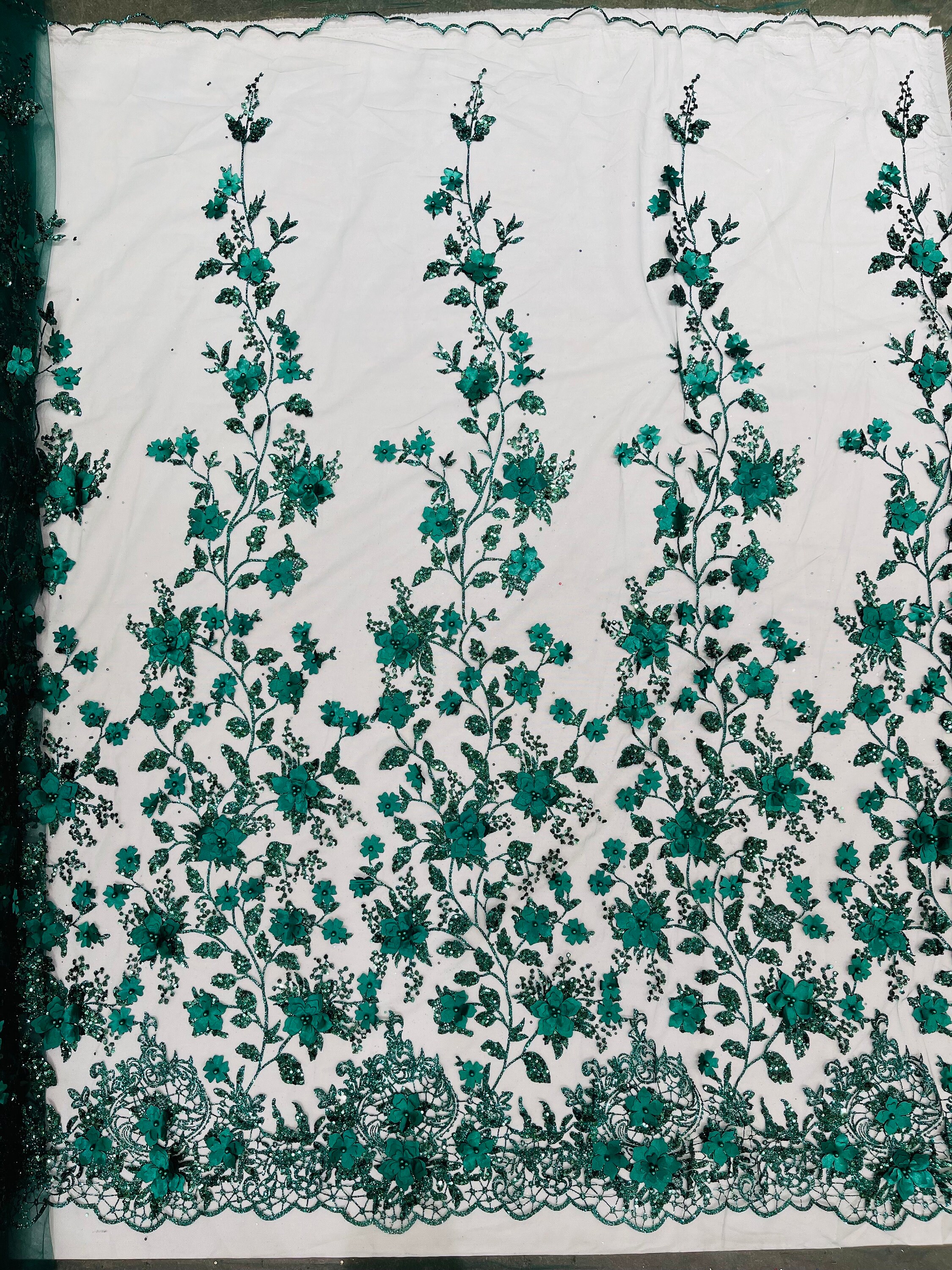 Hunter Green 3D Flower Sequin Fabric, Glitter Floral Mesh, Wedding ...