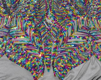Multi Color Royalty Sequin Fabric | By The Yard | 4 Way Stretch Royalty Design Sequins on Mesh Prom Gala Gown Fabric