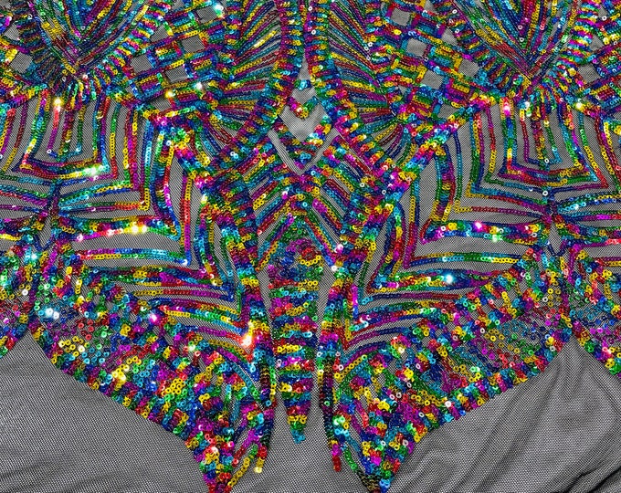 Multi Color Royalty Sequin Fabric | By The Yard | 4 Way Stretch Royalty Design Sequins on Mesh Prom Gala Gown Fabric