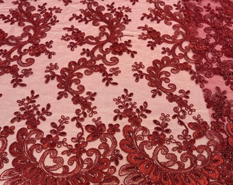 Burgundy Floral Lace Fabric: Embroidered Sequins Mesh, Bridal Gown Fabric