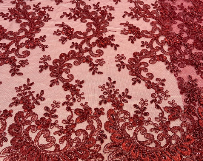 Burgundy - Floral Lace Fabric, Embroidery With Sequins on a Mesh Lace Fabric By The Yard For Gown, Wedding-Bridal (Choose The Quantity)