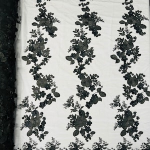 Black 3D Floral Lace Fabric with Pearls: Bridal Wedding Lace
