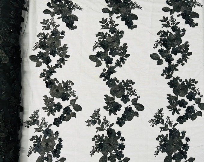 Mia Fabrics Inc, Black 3D Floral-Flower With Pearl, Bridal Lace 3D Flower Wedding Lace by the Yard (Pick a Size)