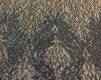 Silver Sequins Damask Lace Fabric, Nude Mesh, 4-Way Stretch, By The Yard