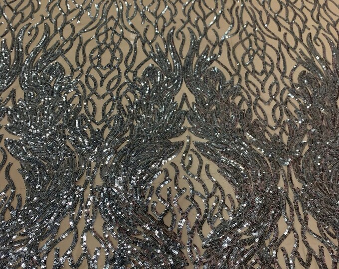Silver Sequins Lace Fabric On Nude Mesh, DAMASK Design Embroidered On a Mesh 4 way Stretch Sequin By The Yard -Prom-Gown ( Choose The Size )