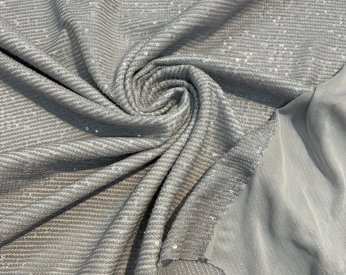 Silver Mille Striped Stretch Sequins | by the yard | Lace 4 Way Mesh-Prom-Gown | Wedding Couture Fabric | Sequin Fabric