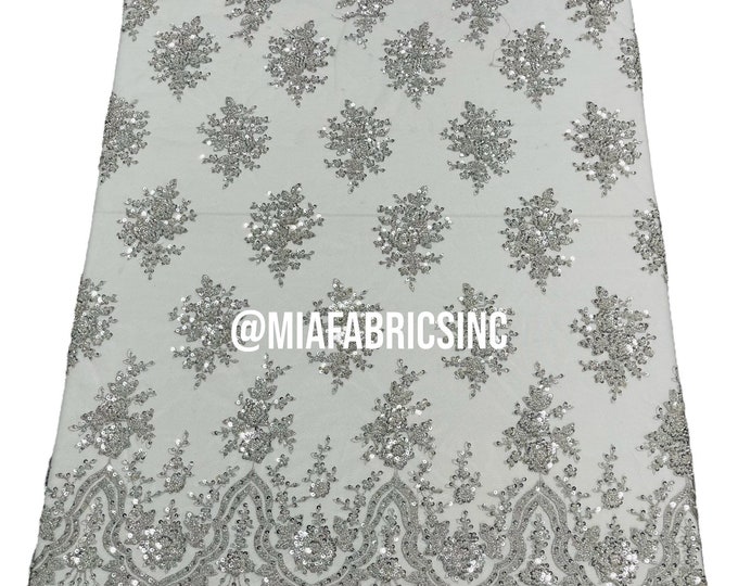 Silver Beaded Fabric Embroidered on a Mesh | Fashion Design Beads and Sequins | Beaded Lace | Beaded Wedding | Bridal Lace Fabric by yard