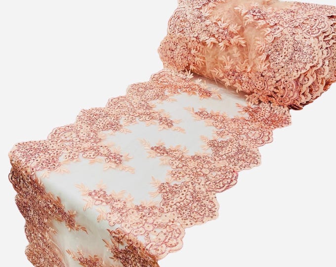 Blush Peach Metallic Floral Lace Fabric For Runner by the yard, 15" Wide Metallic Corded Lace Embroidery With Sequins on a Mesh Lace Fabric
