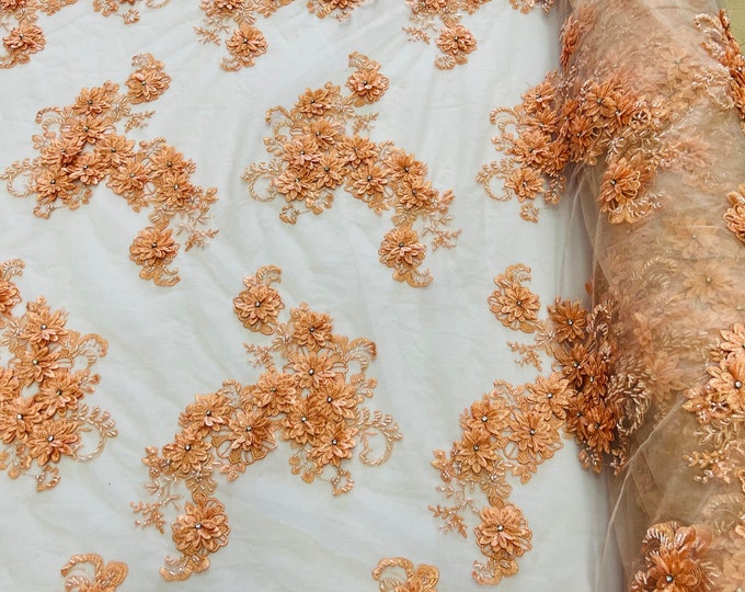 Peach 3D Floral Lace Fabric by the yard, Flower Design Embroider With Rhinestones On a Mesh, Prom-Dresses Beaded Fabric
