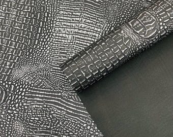 Metallic Black Gator Vinyl Fabric: Embossed Faux Leather Upholstery, 56" Wide
