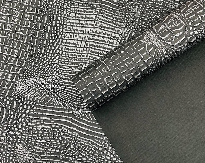 Black Silver Metallic Caiman Gator Vinyl - Upholstery Faux Leather Vinyl Fabric by the Yard, Embossed Gator Caiman Fabric Upholstery
