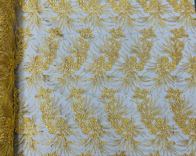 Metallic Gold Corded Floral Lace Fabric, by the yard - Embroidery With Sequins on a Mesh Lace Fabric For Gown, Wedding-Bridal