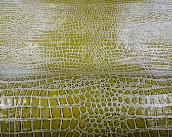 Olive Vinyl Faux Fake Leather Pleather Embossed Shiny Alligator Fabric Upholstery By Yard