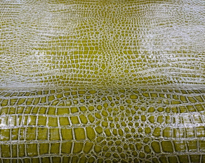 Olive Vinyl Faux Fake Leather Pleather Embossed Shiny Alligator Fabric Upholstery By Yard