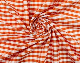Orange & White Gingham Poly Cotton Fabric by Yard 1/4” Squares, Checkered Fabric