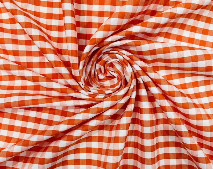 Orange & White Gingham Poly Cotton Fabric by Yard 1/4” Squares, Checkered Fabric