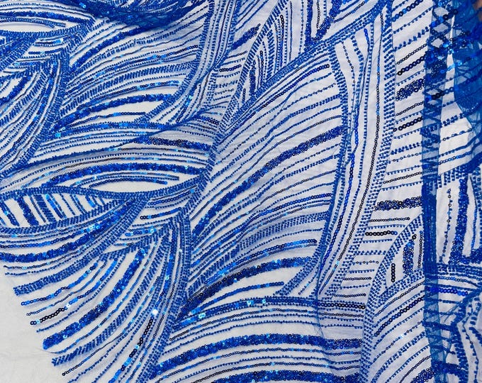 Royal Blue Beaded Lace Fabric: Embroidered Mesh, Bridal Wedding Dress - Fashion Beaded