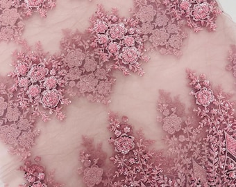 Dusty Pink Embroidery Beaded Fabric With Sequin on a Mesh, JP Desing Beaded Fabric Floral Bridal Lace Fabric by the yard