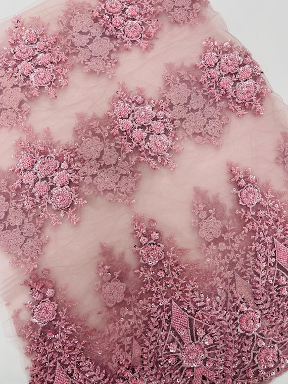 Dusty Pink Embroidery Beaded Fabric With Sequin on a Mesh, JP