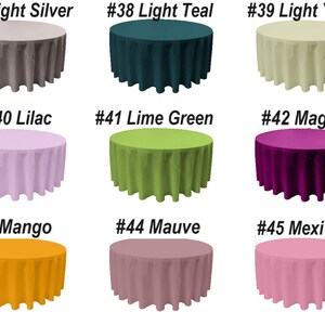 K&ouml;nnte beinhalten: Neun runde Tischdecken in verschiedenen Farben, darunter helles Silber, helles Teal, helles Gelb, Flieder, Limettengr&uuml;n, Magenta, Mango, Mauve und Mexikanisches Rosa. Die Tischdecken sind alle gleich gro&szlig; und haben eine glatte, faltenfreie Oberfl&auml;che.