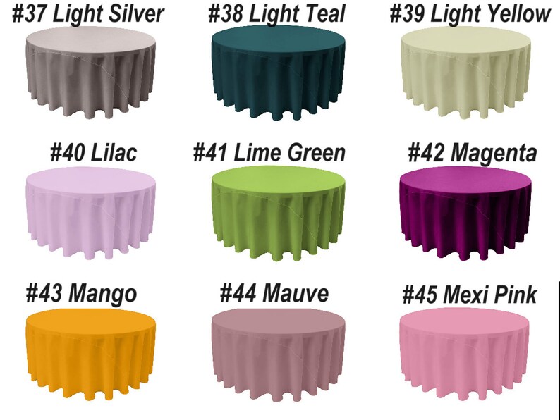 K&ouml;nnte beinhalten: Neun runde Tischdecken in verschiedenen Farben, darunter helles Silber, helles Teal, helles Gelb, Flieder, Limettengr&uuml;n, Magenta, Mango, Mauve und Mexikanisches Rosa. Die Tischdecken sind alle gleich gro&szlig; und haben eine glatte, faltenfreie Oberfl&auml;che.