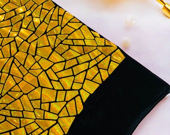 Gold Holographic Mirror Sequin Fabric, 2 way Stretch Velvet Sequin Fabric by the Yard, Geometric Sequin on Black Stretch Velvet Prom Party
