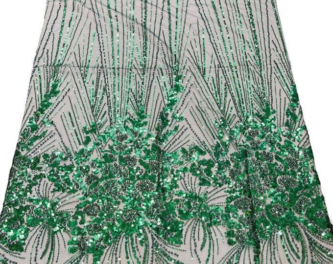 Hunter Green Beaded Fabric by the yard, Bridal Wedding beaded, Floral Damask Pattern With Beads and Sequin, Appliqué lace for bridals