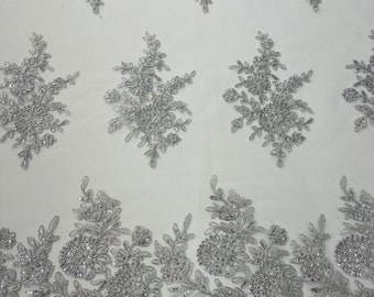 Metallic Silver Embroidered Lace Fabric, Floral Wedding Dress Lace, Scalloped Edge