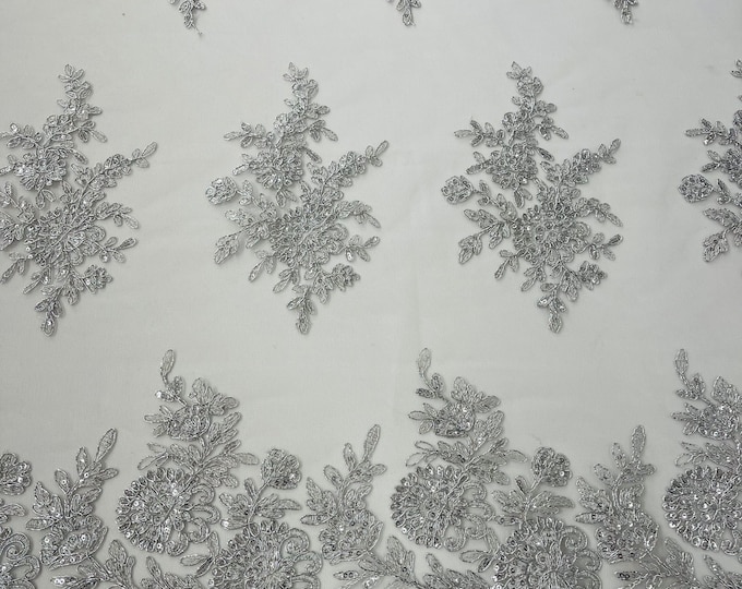 Metallic Silver Lace Flower Design Embroidered on Mesh Lace Fabric, Floral Bridal Lace Wedding Dress by the Yard (Pick a Size)