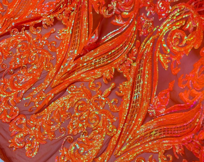 Orange Iridescent Sequin Fabric by the yard - on Orange Power Mesh, Big Damask Design 4 Way Stretch Sequins Fabric Prom-Gown