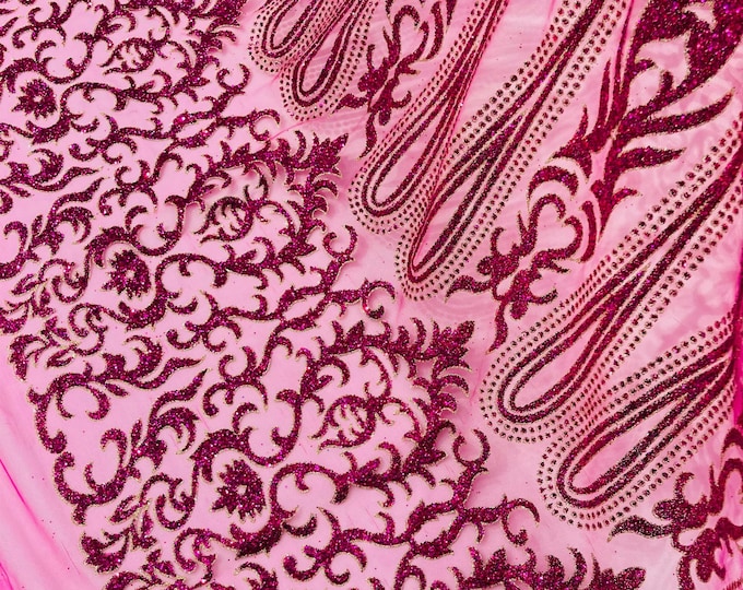 Fuchsia/Gold Glitter Mesh Lace Fabric - Geometric Damask, Bridal, Prom by the yard