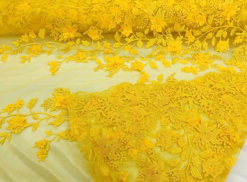 Yellow floral damask embroider and heavy beaded on a mesh lace fabric-sold by the yard- main image 1