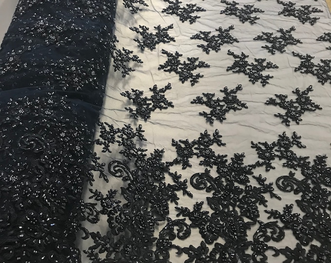 Black Floral Design Beaded Fabric - by the yard - Embroidered With Pearls and Beads on Mesh Lace Fabric
