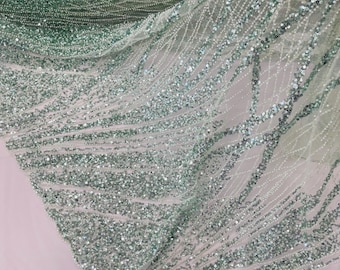 Mint Beaded Fabric Sold By The Yard, Fashion Design Beads and Sequins, Beaded Fabric Embroidered on a Mesh Lace,Wedding,Bridal,Dress
